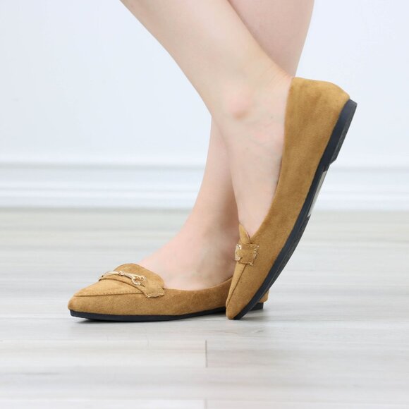 Pointed Toe Flats Tan Gold Accent Slip On Loafers Shoe Faux Suede - Picture 4 of 13